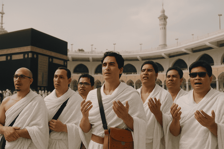 jamaah umroh sedang berdoa , bersyukur di depan kabaah masjidil Haram